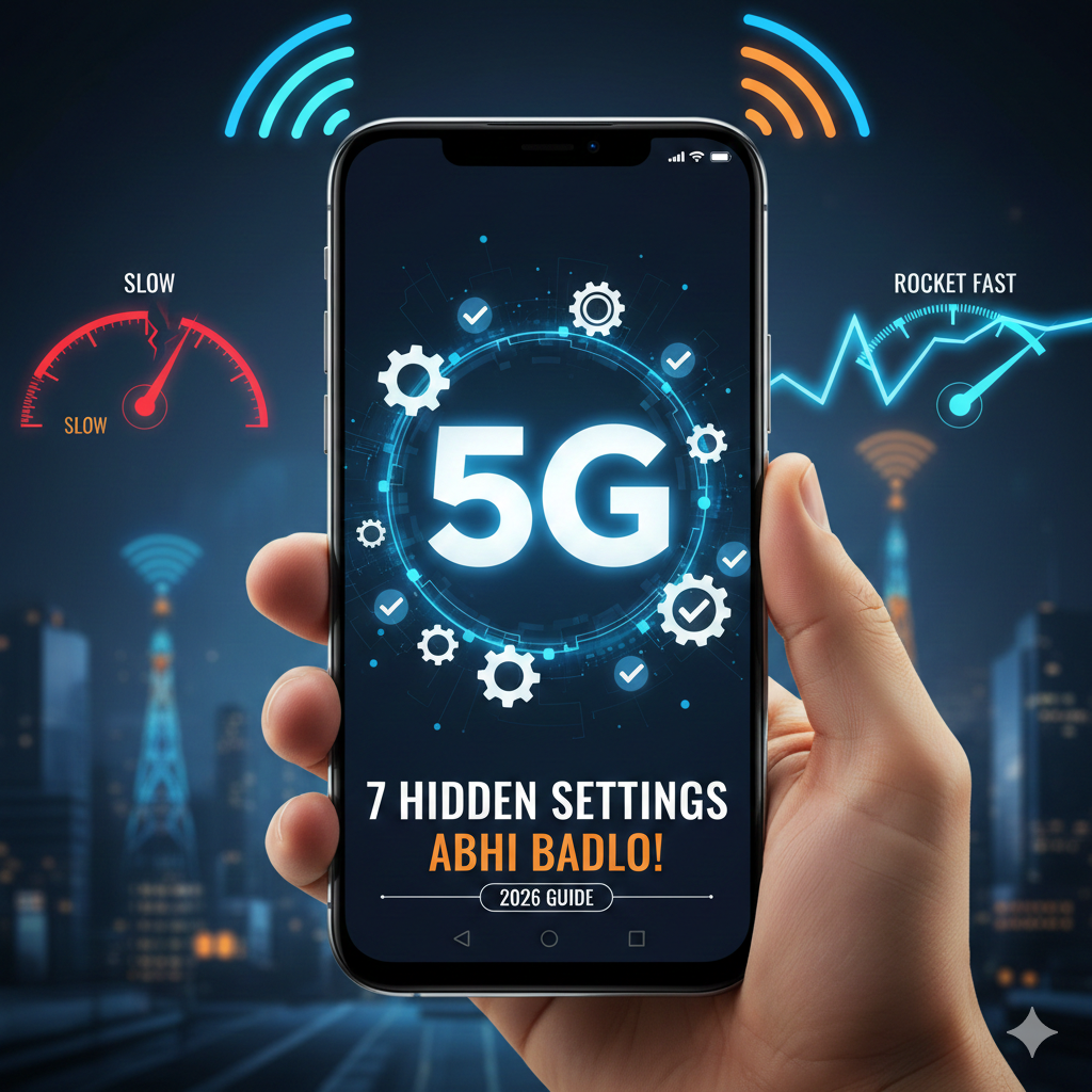 5G internet speed boost settings for Android smartphones with speed meter illustration