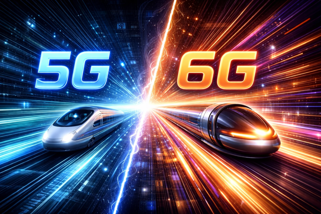 5G vs 6G network speed comparison showing bullet train versus hyperloop concept with light trails