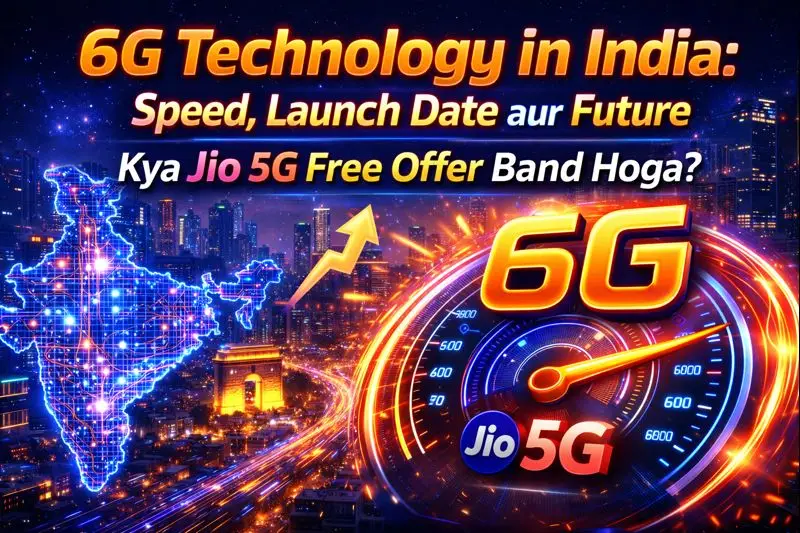 Futuristic concept art of 6G Technology in India showing high-speed internet connectivity map and digital evolution 2030