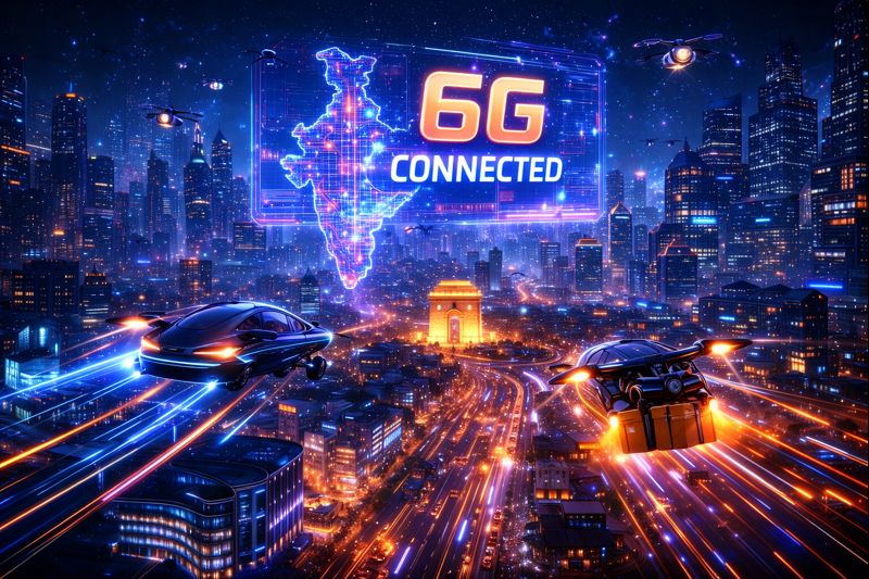 Futuristic Indian smart city at night with 6G connectivity, flying cars, drones and holographic ads