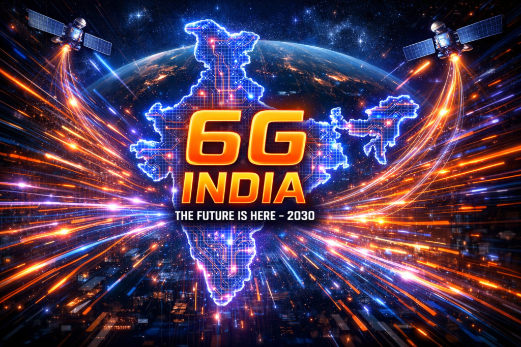 Glowing holographic map of India showing 6G technology network with satellites and data streams in 2030