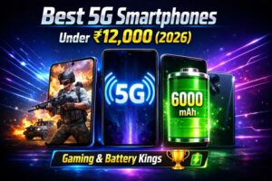 Comparison of POCO, Samsung, and Moto 5G smartphones under 12000 rupees for students.