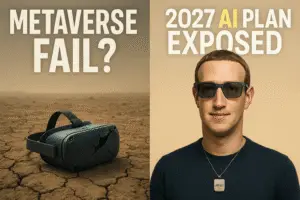 Broken VR headset on barren land with text 'Metaverse Fail?' and Mark Zuckerberg wearing smart glasses with '2027 AI Plan Exposed' headline showcasing shift from metaverse to AI future.