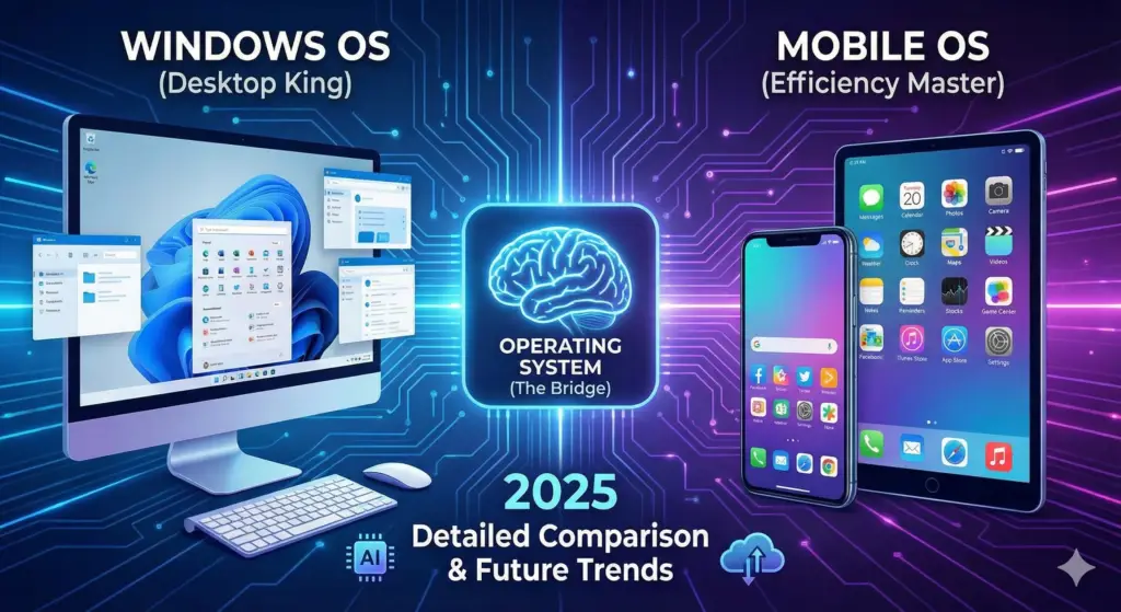 Operating System Kya Hai - Windows vs Mobile OS comparison chart 2025 showing Desktop vs Smartphone architecture and features difference