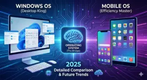 Operating System Kya Hai - Windows vs Mobile OS comparison chart 2025 showing Desktop vs Smartphone architecture and features difference