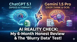 A split-screen comparison featured image titled 'AI REALITY CHECK'. Left side shows 'ChatGPT 5.1 (SPEED & FORMAT)' with speedometer and Excel icons. Right side shows 'Gemini 1.5 Pro (DEEP THINK & OCR)' with a magnifying glass over a blurry 'Electoral Roll PDF' document.