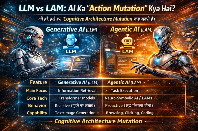 LLM vs LAM AI comparison table showing Generative AI vs Agentic AI, explaining Action Mutation and Cognitive Architecture Mutation in simple Hindi