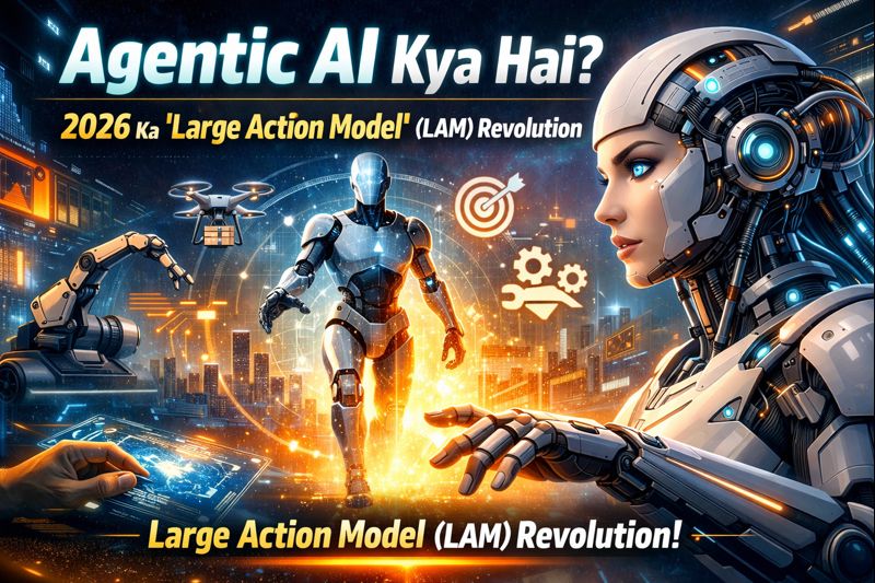 Agentic AI vs Generative AI diagram showing Large Action Model (LAM) working process in Hindi.