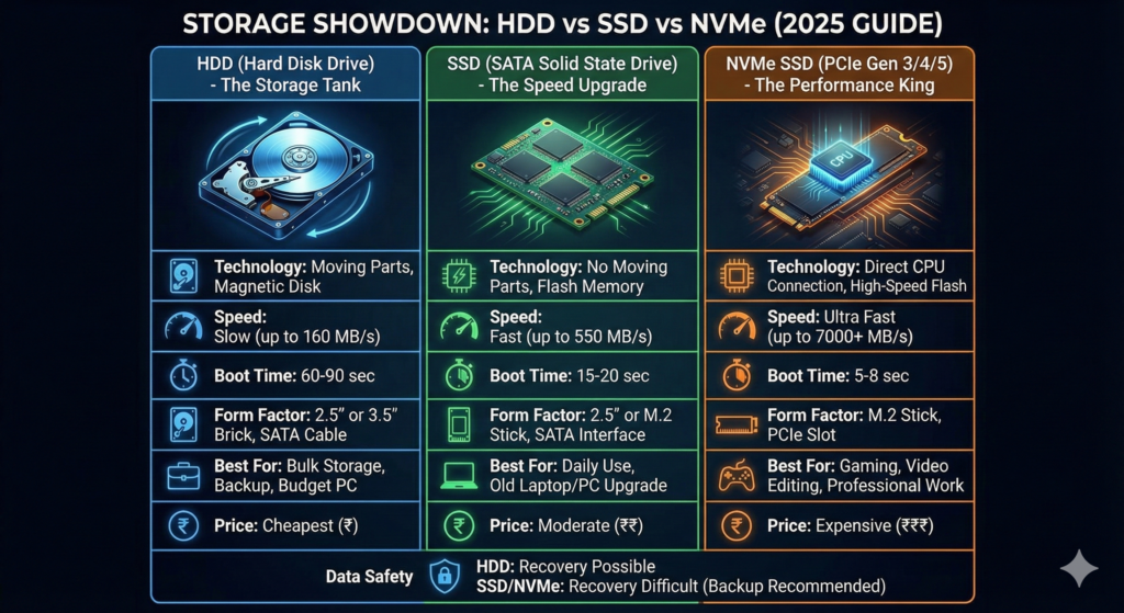 HDD vs SATA SSD vs NVMe comparison chart in Hindi showing read-write speed difference, boot time, and price for laptop storage upgrade