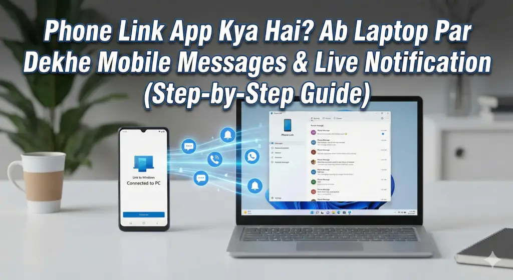 Windows Laptop और Android Mobile एक दूसरे से Microsoft Phone Link App के जरिये कनेक्टेड हैं, और दोनों के बीच मैसेज और नोटिफिकेशन सिंक हो रहे हैं। इमेज पर ब्लॉग पोस्ट का टाइटल 'Phone Link App Kya Hai? Ab Laptop Par Dekhe Mobile Messages & Live Notification (Step-by-Step Guide)' लिखा है।
