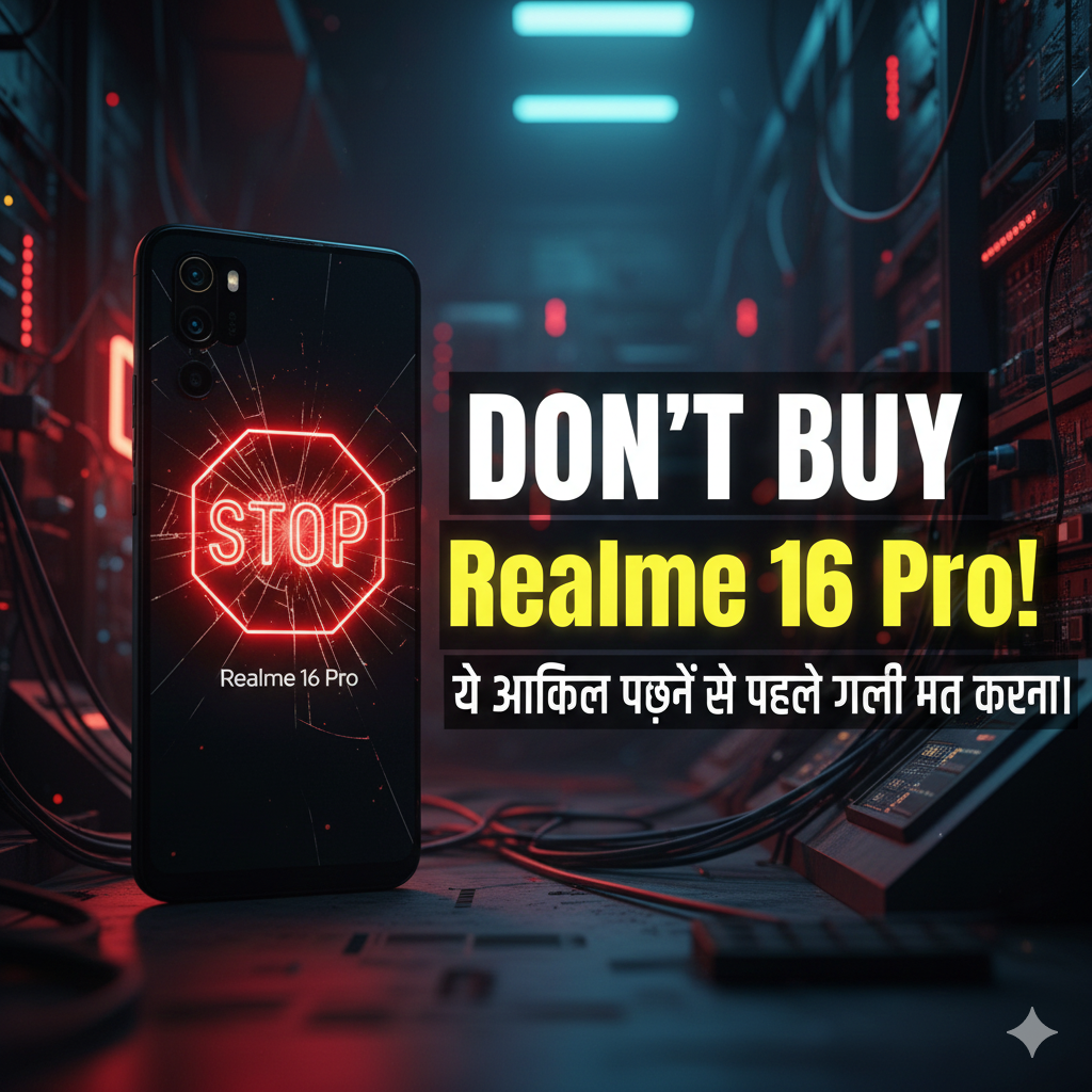 Don't Buy Realme 16 Pro warning image showing crossed phone and shocked user – Hindi tech review
