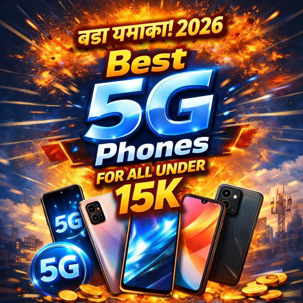 2026 best 5G phones under 15000 with budget smartphones, 5G icons and explosion style tech background