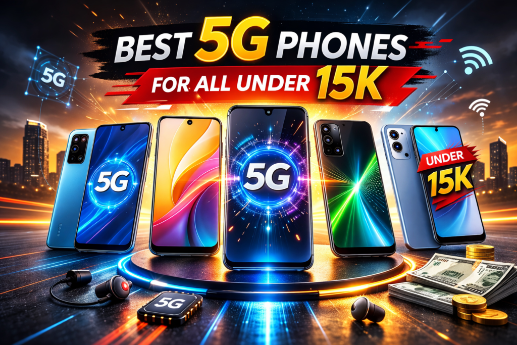 Best 5G phones for all under 15K in 2026 with multiple budget smartphones and 5G technology concept